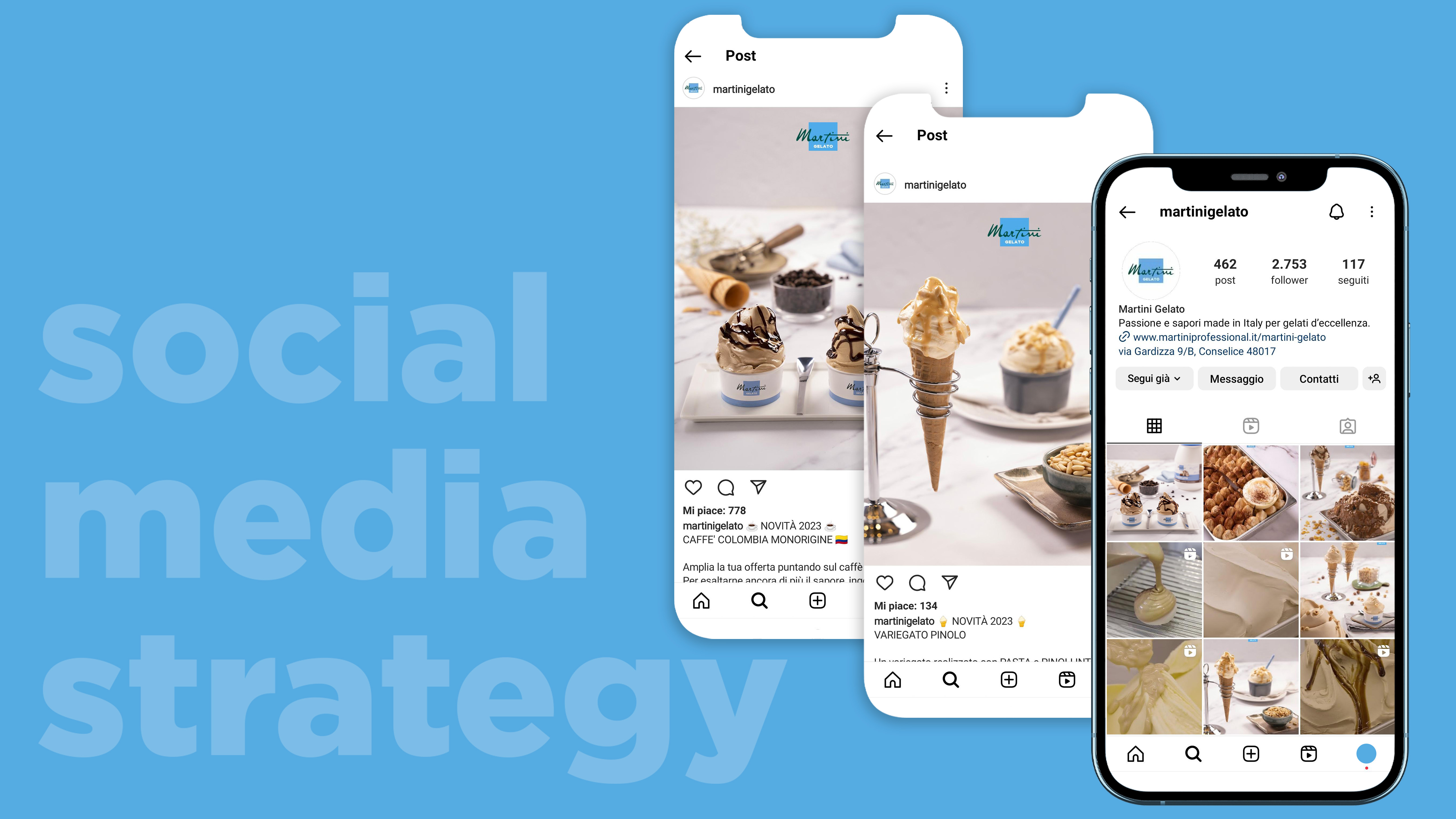 Composizione di schermate instagram martini gelato con post e profilo dedicati a gelati e dessert su sfondo azzurro con testo social media strategy